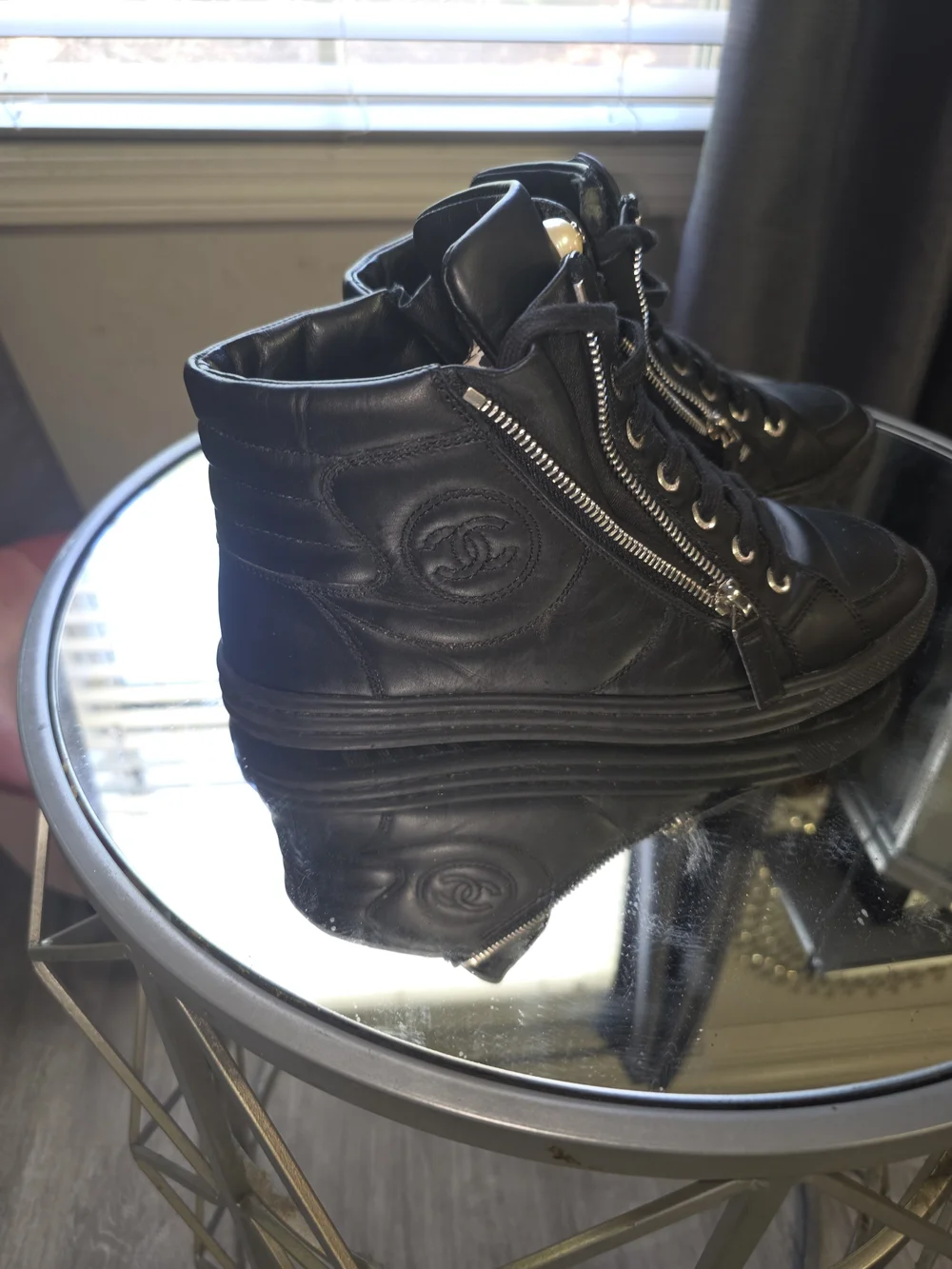 CHANEL Black Leather Lace-Up Ankle Boots with Side Zipper